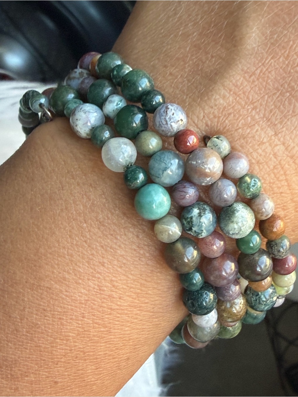 Multicolor Graduated Natural Stone Bead Memory Wire Bracelet - Green Accents
